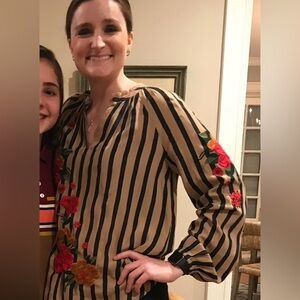 Striped Tan & Black Blouse with Red Floral Embroidery. Akemi and Kin brand.